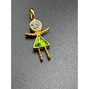 Gold Tone Girl Charm Pendant Green Glass Crystal